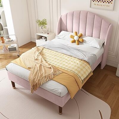 BTM Lit Capitonné 90x200 cm, Lit Enfant 90x200 avec Sommier à Lattes en Bois, Motif à Rayée, pour Fille, en Velours, Rose (sans Matelas) - Publicité BTM Lit Capitonné 90x200 cm, Lit Enfant 90x200 avec Sommier à Lattes en Bois, Motif à Rayée, pour Fille, en Velours, Rose (sans Matelas) - Publicité