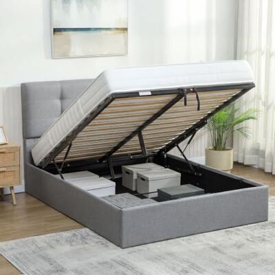 HOMCOM Lit Coffre 140 x 190 cm, Cadre de Lit Double Rembourré 500 kg Gris Sommier à Lattes en Bois, Rangement Caché, Tête Capitonnée, Tissu Aspect Lin, Sans Matelas - Publicité HOMCOM Lit Coffre 140 x 190 cm, Cadre de Lit Double Rembourré 500 kg Gris Sommier à Lattes en Bois, Rangement Caché, Tête Capitonnée, Tissu Aspect Lin, Sans Matelas - Publicité