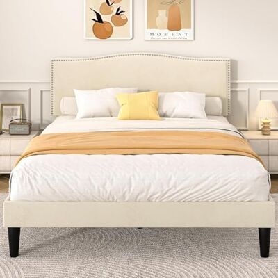VECELO Lit Double Rembourré 140x190 cm, Cadre Solide et Support à Lattes en Bois, Forte capacité de Poids, Antidérapant et sans Bruit, Tissu Velours, Assemblage Facile, Beige - Publicité VECELO Lit Double Rembourré 140x190 cm, Cadre Solide et Support à Lattes en Bois, Forte capacité de Poids, Antidérapant et sans Bruit, Tissu Velours, Assemblage Facile, Beige - Publicité