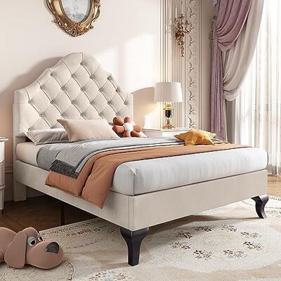 BTM Lit Capitonné 90x200 avec Sommier à Lattes, Lit Enfant 90x190 avec Tête Réglable en Hauteur, Conception du Point de Traction du Bouton, Velours, Beige (sans Matelas) - Publicité BTM Lit Capitonné 90x200 avec Sommier à Lattes, Lit Enfant 90x190 avec Tête Réglable en Hauteur, Conception du Point de Traction du Bouton, Velours, Beige (sans Matelas) - Publicité