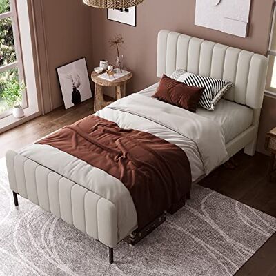 BTM Cadre Lit Simple capitonné 90 x 200 cm, rembourré avec sommier à Lattes et tête de lit réglable, pour ado Chambre à Coucher, Beige - Publicité BTM Cadre Lit Simple capitonné 90 x 200 cm, rembourré avec sommier à Lattes et tête de lit réglable, pour ado Chambre à Coucher, Beige - Publicité