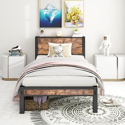 BTM Lit Simple Métal 90x200 cm, Tête Lit Rangement Plateforme Silencieuse, Marron Vintage Sansressort - Publicité BTM Lit Simple Métal 90x200 cm, Tête Lit Rangement Plateforme Silencieuse, Marron Vintage Sansressort - Publicité