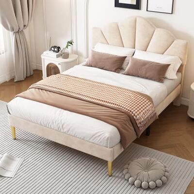 BTM Lit Rembourré 140x200, Lit Double Beige en Forme de Coquillage, Cadre de Lit 140x200 avec Sommier à Lattes, pour Adultes et Adolescents,en Velours, Beige (sans Matelas) - Publicité BTM Lit Rembourré 140x200, Lit Double Beige en Forme de Coquillage, Cadre de Lit 140x200 avec Sommier à Lattes, pour Adultes et Adolescents,en Velours, Beige (sans Matelas) - Publicité