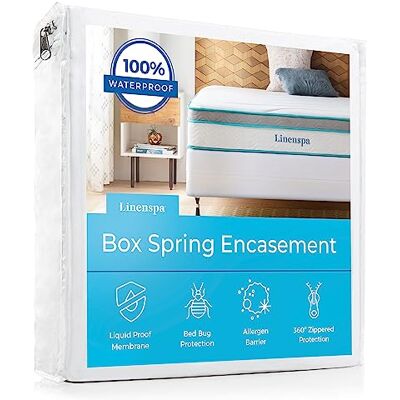 Linenspa Housse de Protection pour sommier tapissier Double, Protection complète avec Fermeture éclair, étanche, Blanc - Publicité Linenspa Housse de Protection pour sommier tapissier Double, Protection complète avec Fermeture éclair, étanche, Blanc - Publicité