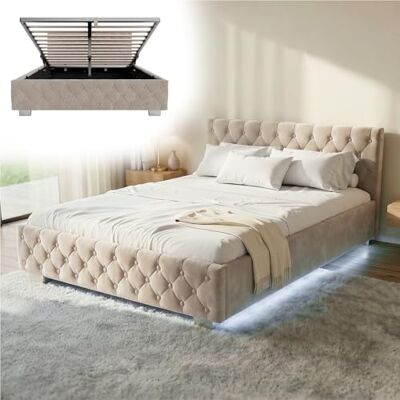 Lit capitonné beige Nizza 140x200 - Avec rangement & sommier - Publicité Lit capitonné beige Nizza 140x200 - Avec rangement & sommier - Publicité