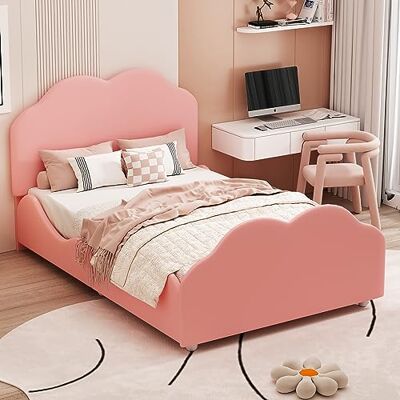 BTM Lit Enfant 90 x 200 cm, Cadre de lit d'enfant avec Garde-Rail Haut, tête et Pied en Forme de Nuage. Simple en Velours hypoallergénique Rose - Publicité BTM Lit Enfant 90 x 200 cm, Cadre de lit d'enfant avec Garde-Rail Haut, tête et Pied en Forme de Nuage. Simple en Velours hypoallergénique Rose - Publicité