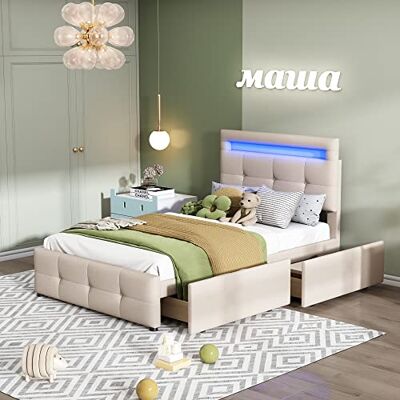 BTM Lit Coffre 90x200 avec LED, 1 Personnes avec 2 espaces de Rangement et tête de lit, capitonné avec Rangement, Simple avec sommier à Lattes, pour Enfant, Adolescent, Beige - Publicité BTM Lit Coffre 90x200 avec LED, 1 Personnes avec 2 espaces de Rangement et tête de lit, capitonné avec Rangement, Simple avec sommier à Lattes, pour Enfant, Adolescent, Beige - Publicité
