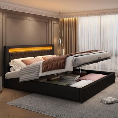 BTM Lit Double Rembourré 160x200 cm avec Rangement et Éclairage LED, Lit Coffre 160x200 avec Sommier à Lattes, pour Adultes, PU, Noir (sans Matelas) - Publicité BTM Lit Double Rembourré 160x200 cm avec Rangement et Éclairage LED, Lit Coffre 160x200 avec Sommier à Lattes, pour Adultes, PU, Noir (sans Matelas) - Publicité