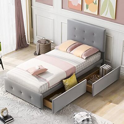 BTM Cadre Lit Coffre 90X190, 2 Tiroirs de Rangement et Sommier À Lattes, Tête De Lit Réglable en Hauteur, Simple Bed Capitonné 90 X 200 cm, Fille ado Enfant, Gris (sans Matelas) - Publicité BTM Cadre Lit Coffre 90X190, 2 Tiroirs de Rangement et Sommier À Lattes, Tête De Lit Réglable en Hauteur, Simple Bed Capitonné 90 X 200 cm, Fille ado Enfant, Gris (sans Matelas) - Publicité