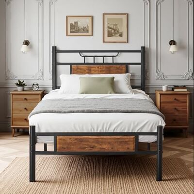 VECELO Cadre de Lit 90 x 200 cm, Sommier Plateforme Simple avec Tête de Lit en Bois, Support à Lattes en Acier de Qualité Supérieure, Rangement sous Le Lit, Assemblage Facile, Marron - Publicité VECELO Cadre de Lit 90 x 200 cm, Sommier Plateforme Simple avec Tête de Lit en Bois, Support à Lattes en Acier de Qualité Supérieure, Rangement sous Le Lit, Assemblage Facile, Marron - Publicité