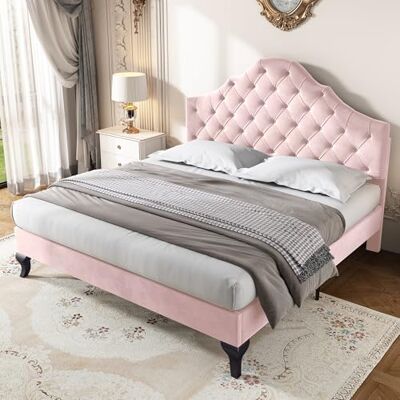 BTM Lit Double Rembourré 140x200, Lit Plateforme Capitonné avec Sommier à Lattes, avec Tête Réglable en Hauteur, pour Adolescents, Design du Point de Traction du Bouton, Velours, Rose (sans Matelas) - Publicité BTM Lit Double Rembourré 140x200, Lit Plateforme Capitonné avec Sommier à Lattes, avec Tête Réglable en Hauteur, pour Adolescents, Design du Point de Traction du Bouton, Velours, Rose (sans Matelas) - Publicité