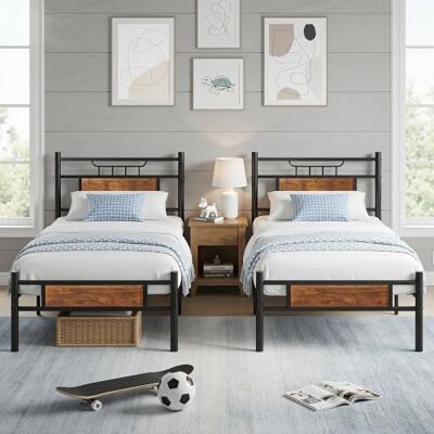 VECELO Lot de 2 Cadres de Lit 90 x 200 cm, Sommier Plateforme Simple avec Tête de Lit en Bois, Support à Lattes en Acier de Qualité Supérieure, Rangement sous Le Lit, Assemblage Facile, Marron - Publicité VECELO Lot de 2 Cadres de Lit 90 x 200 cm, Sommier Plateforme Simple avec Tête de Lit en Bois, Support à Lattes en Acier de Qualité Supérieure, Rangement sous Le Lit, Assemblage Facile, Marron - Publicité