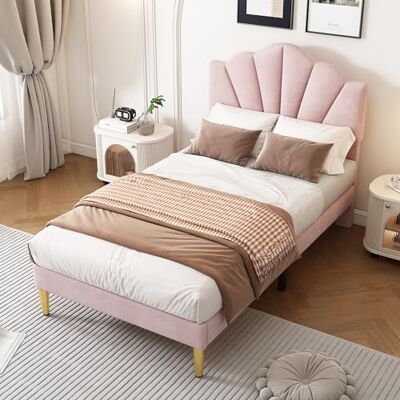 BTM Lit Simple Rembourré 90x200, Lit Enfant avec Sommier à Lattes, Tête de lit Réglable en Hauteur, en Forme de Coquillage, Pieds en Fer Doré, en Velours, Rose (sans Matelas) - Publicité BTM Lit Simple Rembourré 90x200, Lit Enfant avec Sommier à Lattes, Tête de lit Réglable en Hauteur, en Forme de Coquillage, Pieds en Fer Doré, en Velours, Rose (sans Matelas) - Publicité