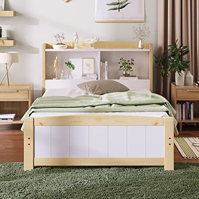BTM Lit Simple Bois Massif 90x200 cm, Tête Lit Rangement Pin, Naturel Blanc sans Matelas - Publicité BTM Lit Simple Bois Massif 90x200 cm, Tête Lit Rangement Pin, Naturel Blanc sans Matelas - Publicité
