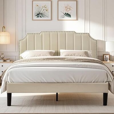VECELO Lit Double Rembourré 140x190 cm, Cadre de Lit avec Tête de Lit, Support à Lattes en Bois Solide, Tissu en Velours Haut de Gamme, Facile à Assembler, Beige - Publicité VECELO Lit Double Rembourré 140x190 cm, Cadre de Lit avec Tête de Lit, Support à Lattes en Bois Solide, Tissu en Velours Haut de Gamme, Facile à Assembler, Beige - Publicité