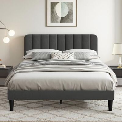 VECELO Lit Double Rembourré 140x190 cm, Tête de Lit Réglable, Support à Lattes en Bois Solide, Tissu Velours, Facile à Assembler, Gris - Publicité VECELO Lit Double Rembourré 140x190 cm, Tête de Lit Réglable, Support à Lattes en Bois Solide, Tissu Velours, Facile à Assembler, Gris - Publicité