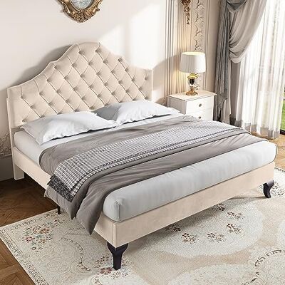 BTM Lit Double 140x190 avec Sommier à Lattes, Lit Capitonné avec Tête de Lit Réglable en Hauteur, pour Adultes et Adolescents, Velours, Beige (sans Matelas) - Publicité BTM Lit Double 140x190 avec Sommier à Lattes, Lit Capitonné avec Tête de Lit Réglable en Hauteur, pour Adultes et Adolescents, Velours, Beige (sans Matelas) - Publicité