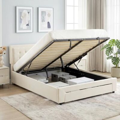 HOMCOM Cadre de Lit Double 140 x 200 cm pour 2 Personnes Levage Gaz Crème Espace de Rangement, Tiroir à Roulettes, Tête de Lit Réglable, Sommier à Lattes en Bois, Capitonnée Effet Velours - Publicité HOMCOM Cadre de Lit Double 140 x 200 cm pour 2 Personnes Levage Gaz Crème Espace de Rangement, Tiroir à Roulettes, Tête de Lit Réglable, Sommier à Lattes en Bois, Capitonnée Effet Velours - Publicité