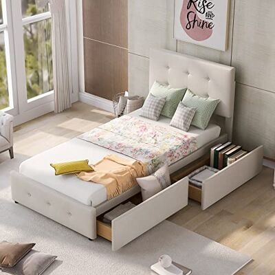 BTM Cadre Lit Coffre 90X190, Tiroirs de Rangement et Sommier À Lattes, Tête De Lit Réglable en Hauteur, Bed Capitonné 90 X 200 cm, Fille ado Enfant, Beige (sans Matelas) - Publicité BTM Cadre Lit Coffre 90X190, Tiroirs de Rangement et Sommier À Lattes, Tête De Lit Réglable en Hauteur, Bed Capitonné 90 X 200 cm, Fille ado Enfant, Beige (sans Matelas) - Publicité