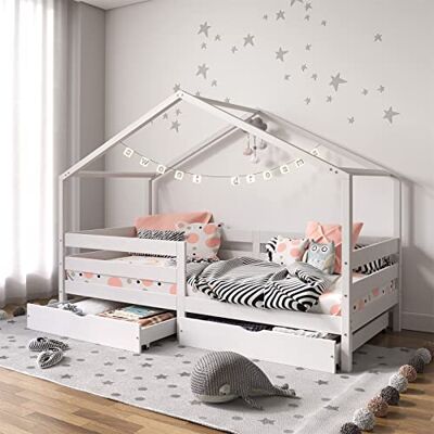 Lit enfant Idimex - 90x200cm, Forme maison, Blanc, 2 tiroirs - Publicité Lit enfant Idimex - 90x200cm, Forme maison, Blanc, 2 tiroirs - Publicité