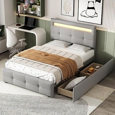 BTM 90x200cm Cadre Lit Simple Rembourré avec Tête de lit réglable en Hauteur, LED avec 2 tiroirs, Sommier à Lattes en Bois, sans Matelas, Gris - Publicité BTM 90x200cm Cadre Lit Simple Rembourré avec Tête de lit réglable en Hauteur, LED avec 2 tiroirs, Sommier à Lattes en Bois, sans Matelas, Gris - Publicité