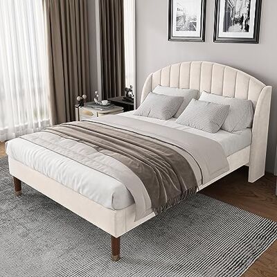 BTM Lit 140x200 cm avec Sommier à Lattes en Bois, Lit Capitonné Beige 140x200 avec Tête de lit, pour Adultes ou Adolescents, Droite Rayée, en Velours, Beige (sans Matelas) - Publicité BTM Lit 140x200 cm avec Sommier à Lattes en Bois, Lit Capitonné Beige 140x200 avec Tête de lit, pour Adultes ou Adolescents, Droite Rayée, en Velours, Beige (sans Matelas) - Publicité