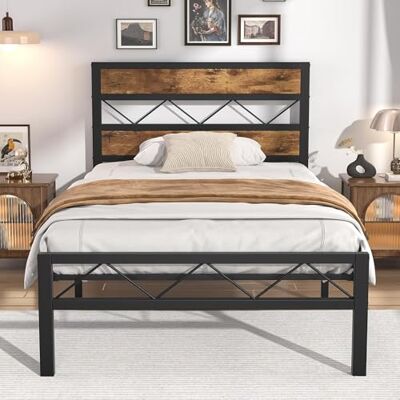 VECELO Cadre de Lit 90 x 190cm, avec Tête en Bois, Sommier Plateforme en Métal, avec Support à Lattes Solides et Espace de Rangement, Assemblage Facile, Marron Rustique - Publicité VECELO Cadre de Lit 90 x 190cm, avec Tête en Bois, Sommier Plateforme en Métal, avec Support à Lattes Solides et Espace de Rangement, Assemblage Facile, Marron Rustique - Publicité