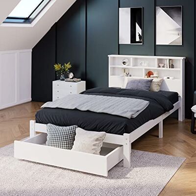 BTM Cadre de Lit 90x200 en Bois avec Etagères et Tiroir, Lit Simple de Rangement en Bois, pour Adultes, Enfants, Adolescents, Blanc - Publicité BTM Cadre de Lit 90x200 en Bois avec Etagères et Tiroir, Lit Simple de Rangement en Bois, pour Adultes, Enfants, Adolescents, Blanc - Publicité