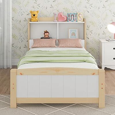BTM Lit Simple en Bois Massif 90x200cm, Tête de lit avec Espace de Rangement, Cadre avec Grille à Lattes, Lit d'enfant/Adolescent en Pin Massif, Naturel et Blanc (sans Matelas et Tiroirs) - Publicité BTM Lit Simple en Bois Massif 90x200cm, Tête de lit avec Espace de Rangement, Cadre avec Grille à Lattes, Lit d'enfant/Adolescent en Pin Massif, Naturel et Blanc (sans Matelas et Tiroirs) - Publicité