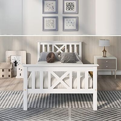 BTM Lit en Bois, Simple, Cadre avec sommier à Lattes, tête de lit 90x200cm, Bois Massif de pin, Enfant, ado, Blanc - Publicité BTM Lit en Bois, Simple, Cadre avec sommier à Lattes, tête de lit 90x200cm, Bois Massif de pin, Enfant, ado, Blanc - Publicité