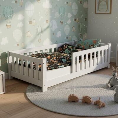 Juskys Lit au Sol Enfant Naya 90x200 cm avec Barrière de Sécurité et Sommier à Lattes, Lit à barreaux Montessori en Bois Massif Pin pour Enfants, Blanc - Publicité Juskys Lit au Sol Enfant Naya 90x200 cm avec Barrière de Sécurité et Sommier à Lattes, Lit à barreaux Montessori en Bois Massif Pin pour Enfants, Blanc - Publicité