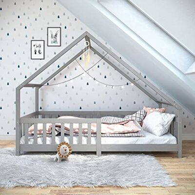 IDIMEX Lit cabane CORA lit Enfant Simple Montessori asymétrique en Bois 90 x 190 cm en pin Massif lasuré Gris - Publicité IDIMEX Lit cabane CORA lit Enfant Simple Montessori asymétrique en Bois 90 x 190 cm en pin Massif lasuré Gris - Publicité