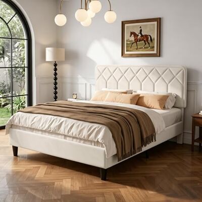 VECELO Cadre de Lit Double Rembourré 140x190 cm, Sommier Plateforme avec Tête de Lit Réglable, Support à Lattes en Bois Solide, Tissu en Velours Haut de Gamme, Facile à Assembler, Beige - Publicité VECELO Cadre de Lit Double Rembourré 140x190 cm, Sommier Plateforme avec Tête de Lit Réglable, Support à Lattes en Bois Solide, Tissu en Velours Haut de Gamme, Facile à Assembler, Beige - Publicité