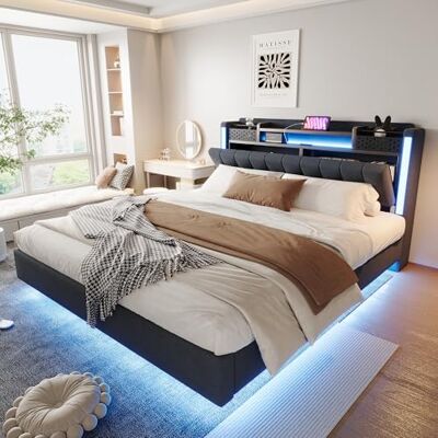 BTM Lit Capitonné 160x200 cm, avec LED et Prise USB, Tête De Lit À Rangement, Lit Suspendu Ados & Adultes, Tissu Laine, Gris - Publicité BTM Lit Capitonné 160x200 cm, avec LED et Prise USB, Tête De Lit À Rangement, Lit Suspendu Ados & Adultes, Tissu Laine, Gris - Publicité