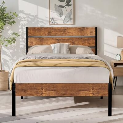 VECELO Cadre de lit 90 x 200 cm en métal, avec tête de lit en Bois épais et sommier à Lattes, lit Double avec Espace de Rangement sous Le lit, Parfait pour la Chambre à Coucher, Marron - Publicité VECELO Cadre de lit 90 x 200 cm en métal, avec tête de lit en Bois épais et sommier à Lattes, lit Double avec Espace de Rangement sous Le lit, Parfait pour la Chambre à Coucher, Marron - Publicité