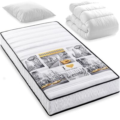BLUE MOON Pack Soho Matelas Mousse New York 90x190 + 1 Couette + 1 Oreiller. Mousse profilée 5 Zones de Confort. Épaisseur 15cm – Fabriqué en Belgique - Publicité BLUE MOON Pack Soho Matelas Mousse New York 90x190 + 1 Couette + 1 Oreiller. Mousse profilée 5 Zones de Confort. Épaisseur 15cm – Fabriqué en Belgique - Publicité