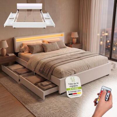 Juskys Lit rembourré Lyon 180x200 cm avec Coffre, LED, sommier à Lattes et tête de lit, Simili Cuir, Cadre de lit pour Adulte et ado, 2 Personnes, Blanc - Publicité Juskys Lit rembourré Lyon 180x200 cm avec Coffre, LED, sommier à Lattes et tête de lit, Simili Cuir, Cadre de lit pour Adulte et ado, 2 Personnes, Blanc - Publicité
