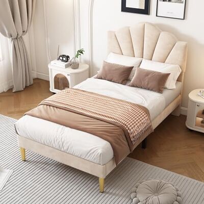 BTM Lit Rembourré 90x200 avec Sommier à Lattes, Lit Enfant 90x200 avec Tête de lit Réglable en Hauteur, en Forme de Coquillage, Pieds en Fer Doré, en Velours, Beige (sans Matelas) - Publicité BTM Lit Rembourré 90x200 avec Sommier à Lattes, Lit Enfant 90x200 avec Tête de lit Réglable en Hauteur, en Forme de Coquillage, Pieds en Fer Doré, en Velours, Beige (sans Matelas) - Publicité