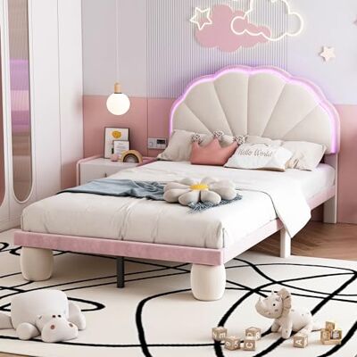 BTM Lit Simple Rembourré 90x200 avec LED Réglable, Lit Enfant avec Sommier à Lattes pour Fille, Tête Festonnée, Pieds Ronds Rembourrés, Velours, Rose et Beige (sans Matelas) - Publicité BTM Lit Simple Rembourré 90x200 avec LED Réglable, Lit Enfant avec Sommier à Lattes pour Fille, Tête Festonnée, Pieds Ronds Rembourrés, Velours, Rose et Beige (sans Matelas) - Publicité