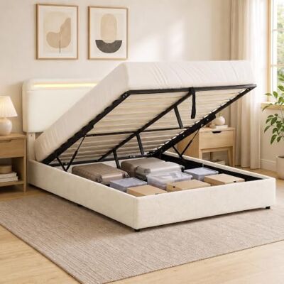 HOMCOM Lit Coffre 160 x 200 cm, Lumières LED RGB, Tête Réglable, Crème Cadre de Lit Double Rembourré Velours, Rangement Hydraulique, Sommier à Lattes Bois, Sans Bruit, Montage Facile, Télécommande - Publicité HOMCOM Lit Coffre 160 x 200 cm, Lumières LED RGB, Tête Réglable, Crème Cadre de Lit Double Rembourré Velours, Rangement Hydraulique, Sommier à Lattes Bois, Sans Bruit, Montage Facile, Télécommande - Publicité