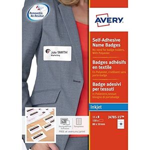 Avery Pochette de 150 badges autocollants imprimables pour textile, En polyester blanc, Format 80 x 50 mm, Impression jet d'encre, (J4785-15) - Publicité