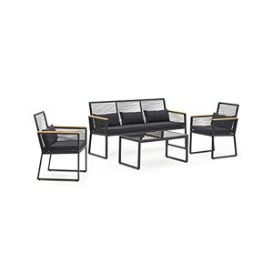 Oviala Salon de Jardin 1 canapé 2 fauteuils 1 Table Basse Noir Rectangulaire 164 x 60 x 84 cm Aluminium 5 Places Agde - Publicité