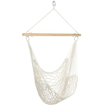 TERRE JARDIN Chaise hamac Suspendue hawaïenne Bois et Corde tressée Chaise hamac suspendue en bois et corde tressée, 120 x 90 cm, charge maximale 150 kg, couleur blanc et bois - Publicité TERRE JARDIN Chaise hamac Suspendue hawaïenne Bois et Corde tressée Chaise hamac suspendue en bois et corde tressée, 120 x 90 cm, charge maximale 150 kg, couleur blanc et bois - Publicité