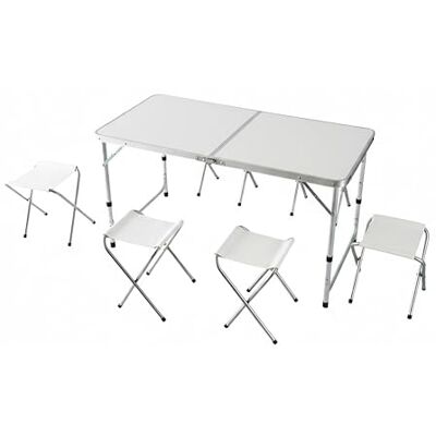 Relaxdays Table de Camping Pliable en Aluminium avec 4 tabourets, réglable, poignée, MDF Blanc 71x120x60 cm - Publicité Relaxdays Table de Camping Pliable en Aluminium avec 4 tabourets, réglable, poignée, MDF Blanc 71x120x60 cm - Publicité
