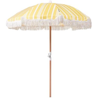 Beliani Parasol de Jardin Rétro ⌀ 150 cm Mât en Bois et Tissu Jaune et Blanc Mondello - Publicité Beliani Parasol de Jardin Rétro ⌀ 150 cm Mât en Bois et Tissu Jaune et Blanc Mondello - Publicité