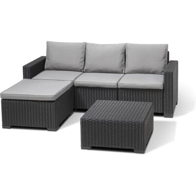 Allibert Salon de jardin en résine imitation rotin tressé Gris graphite Avec pouf et table basse KETER 4 personnes CALIFORNIA - Publicité Allibert Salon de jardin en résine imitation rotin tressé Gris graphite Avec pouf et table basse KETER 4 personnes CALIFORNIA - Publicité