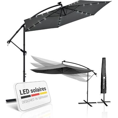 Juskys Parasol déporté Brazil, 350 cm, éclairage LED solaire et manivelle, protection UV, imperméable, pliable, housse – Parasol de marché gris - Publicité Juskys Parasol déporté Brazil, 350 cm, éclairage LED solaire et manivelle, protection UV, imperméable, pliable, housse – Parasol de marché gris - Publicité