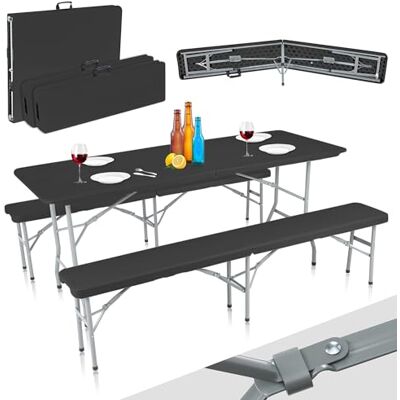 Strattore Ensemble Table 2X Banc de Jardin en Plastique Traiteur Pliante Table Buffet Picnic Plateau Camping Pliable avec Poignée en Noir - Publicité Strattore Ensemble Table 2X Banc de Jardin en Plastique Traiteur Pliante Table Buffet Picnic Plateau Camping Pliable avec Poignée en Noir - Publicité