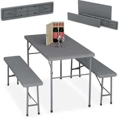 Relaxdays Ensemble Table Pliante et 2 bancs, pour Jardin, pavillon ou Camping, 120 cm, Aspect rotin, Gris - Publicité Relaxdays Ensemble Table Pliante et 2 bancs, pour Jardin, pavillon ou Camping, 120 cm, Aspect rotin, Gris - Publicité