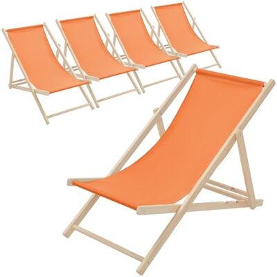 ECD Germany Lot de 5 Chaises Longues Pliantes en Bois Chiliennes, Orange, Dossier Réglable, 3 Positions de Couchage, jusqu'à 120kg, Bain de Soleil en Tissu pour la Plage Jardin Terrasse Camping - Publicité ECD Germany Lot de 5 Chaises Longues Pliantes en Bois Chiliennes, Orange, Dossier Réglable, 3 Positions de Couchage, jusqu'à 120kg, Bain de Soleil en Tissu pour la Plage Jardin Terrasse Camping - Publicité